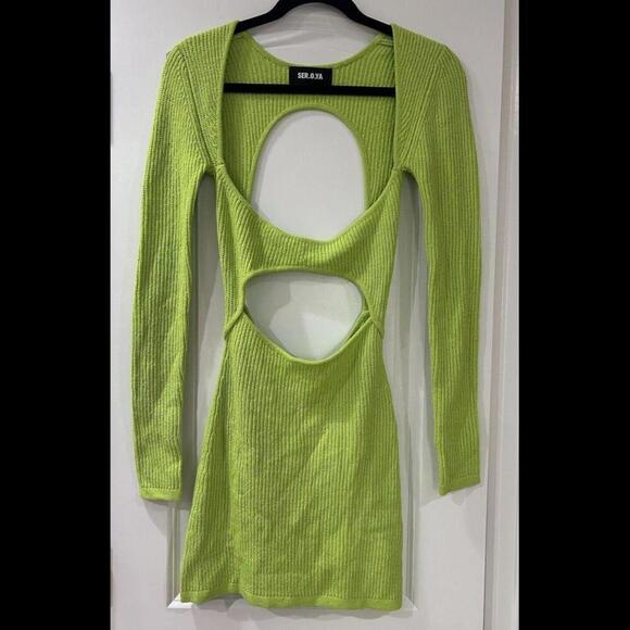 SER.O.YA Women’s Knit Bodycon Cut Out Mini Dress Small Green Long Sleeve Holiday - Picture 2 of 8